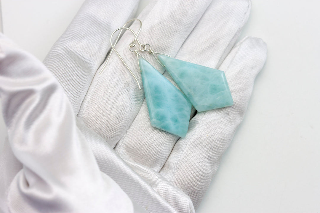 Blue Larimar Earrings Natural Long Triangle Teardrops Smooth Drop 14k Solid Gold or Filled or Sterling Silver Drops Baby Blue Simple 1.8 In