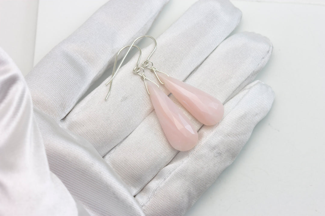 Pink Peruvian Opal Earrings Faceted Long Pear Teardrops 14k Solid Yellow Gold or Filled or Sterling Silver Simple Soft Pink Opals Earthy