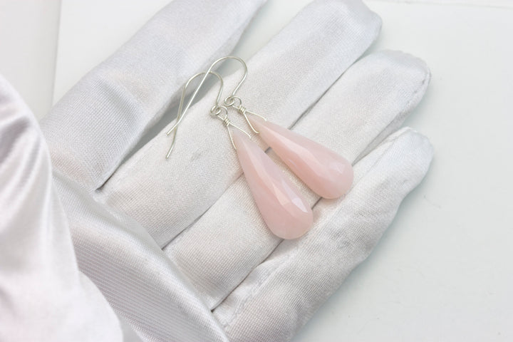 Pink Peruvian Opal Earrings Faceted Long Pear Teardrops 14k Solid Yellow Gold or Filled or Sterling Silver Simple Soft Pink Opals Earthy