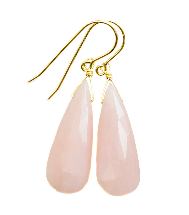 Pink Peruvian Opal Earrings Faceted Long Pear Teardrops 14k Solid Yellow Gold or Filled or Sterling Silver Simple Soft Pink Opals Earthy