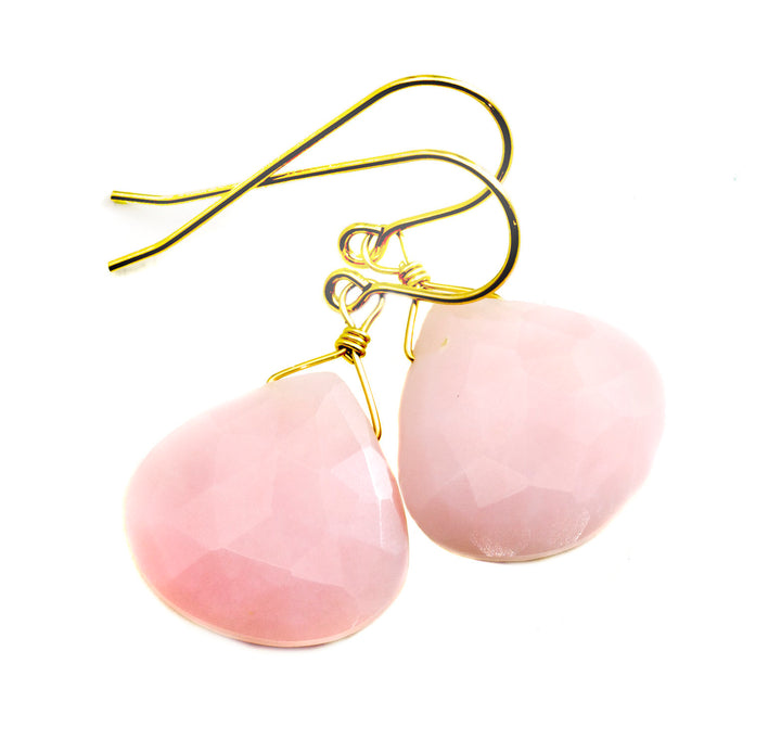 Pink Peruvian Opal Earrings Large Faceted Heart Teardrops 14k Solid Gold or Filled or Sterling Silver Simple Soft Pink Opals Earthy
