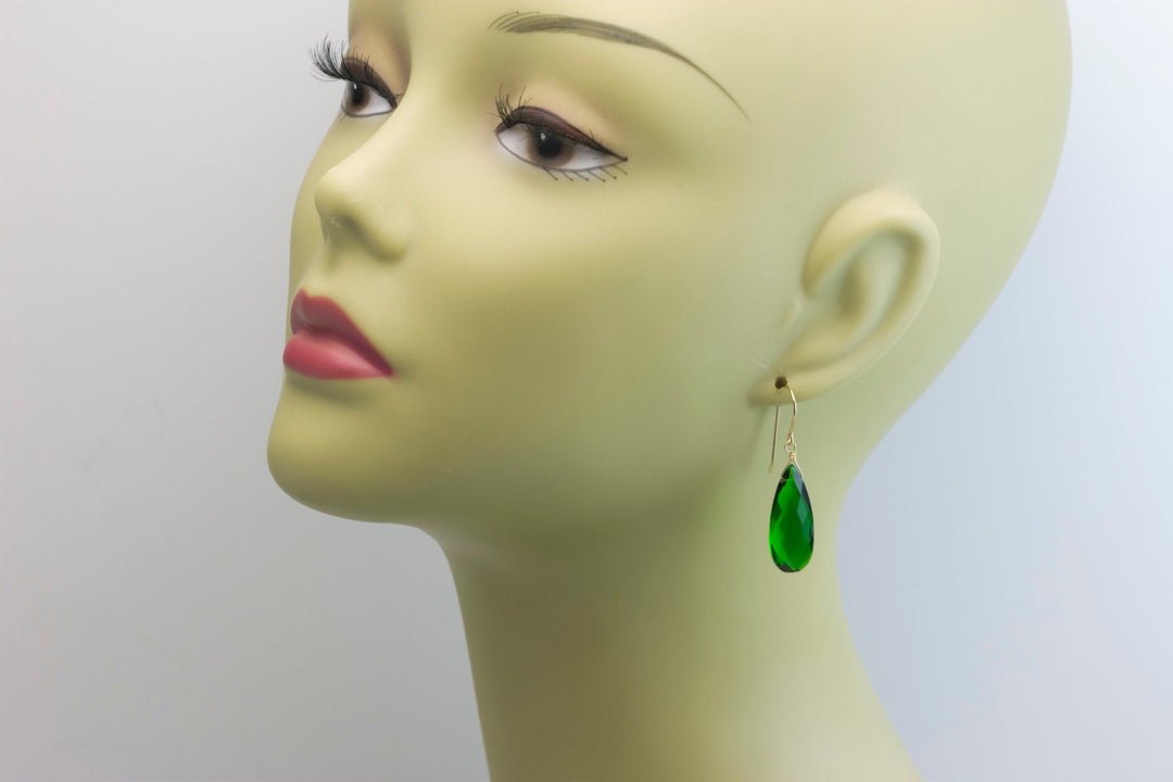Emerald Green Earrings Faceted Simulated Emerald Pear Long Teardrop Drop Dangles Sterling Silver or 14k Solid Yellow Gold or Filled Simple
