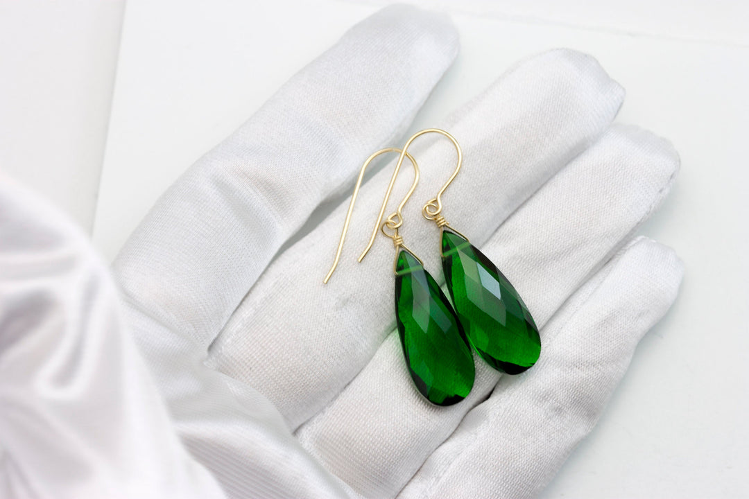 Emerald Green Earrings Faceted Simulated Emerald Pear Long Teardrop Drop Dangles Sterling Silver or 14k Solid Yellow Gold or Filled Simple