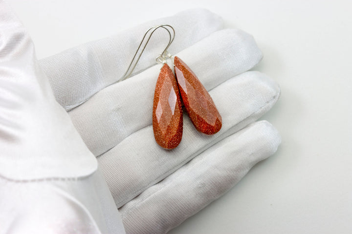 Goldstone Earrings Golden Sparkly long faceted Teardrop dangle drops Sterling Silver or 14k Solid Yellow Gold or filled Spyglass Designs
