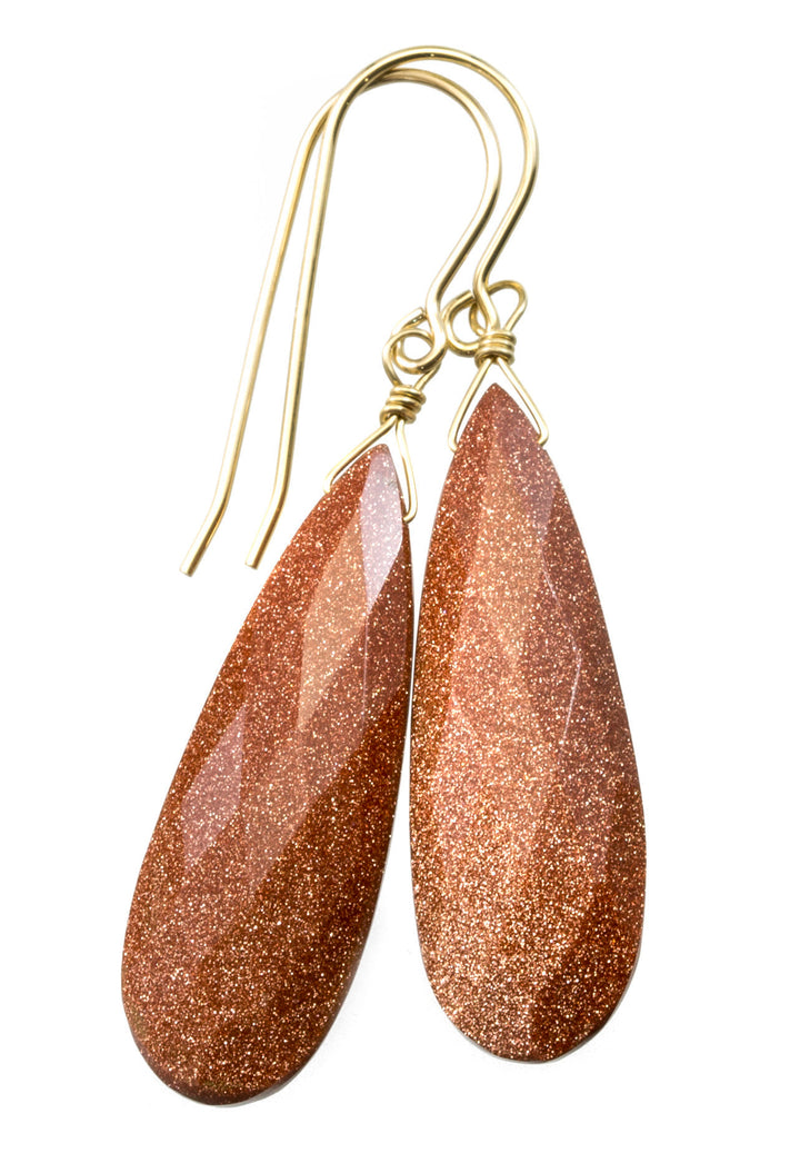 Goldstone Earrings Golden Sparkly long faceted Teardrop dangle drops Sterling Silver or 14k Solid Yellow Gold or filled Spyglass Designs