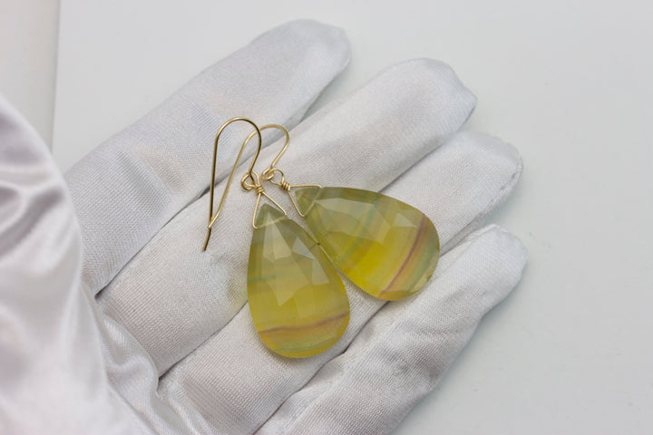Fluorite Earrings Faceted Teardrop 14k solid gold or filled or Sterling silver Flourite Natural Yellow Amber Green Striped Unique Drops