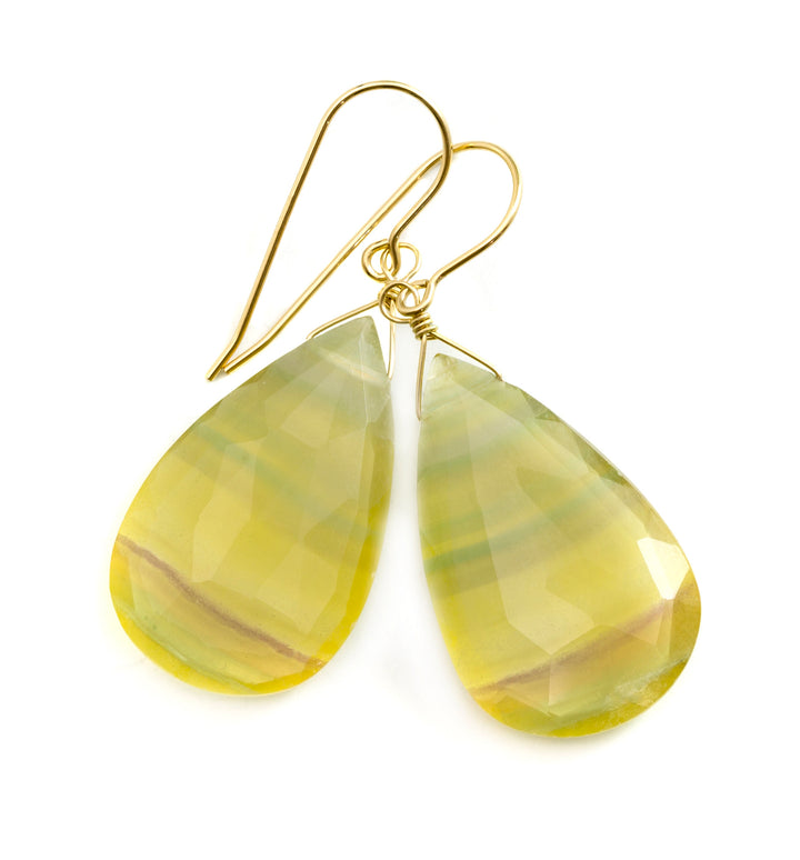 Fluorite Earrings Faceted Teardrop 14k solid gold or filled or Sterling silver Flourite Natural Yellow Amber Green Striped Unique Drops