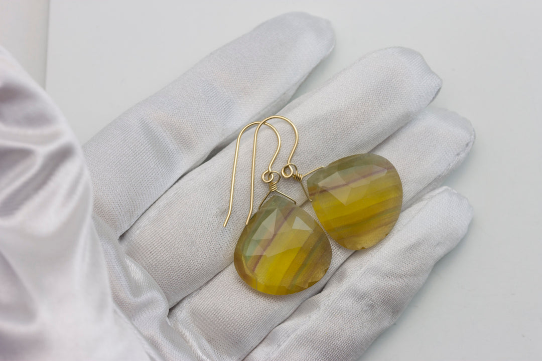 Fluorite Earrings Faceted Fat Heart Drop 14k solid gold or filled or Sterling silver Flourite Natural Yellow Amber Green Striped Unique Drop