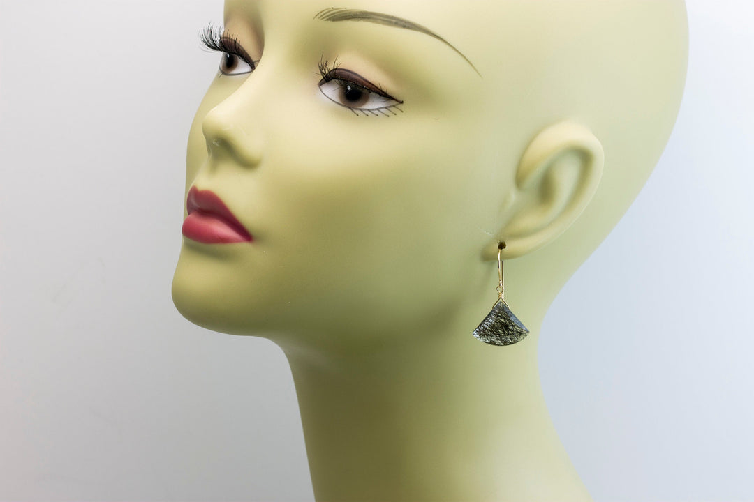 Black Rutile Quartz Earrings 14k Solid Yellow Gold or Filled or Sterling Silver Faceted Fan Tourmalated Rutilated Heart Teardrop Simple Drop