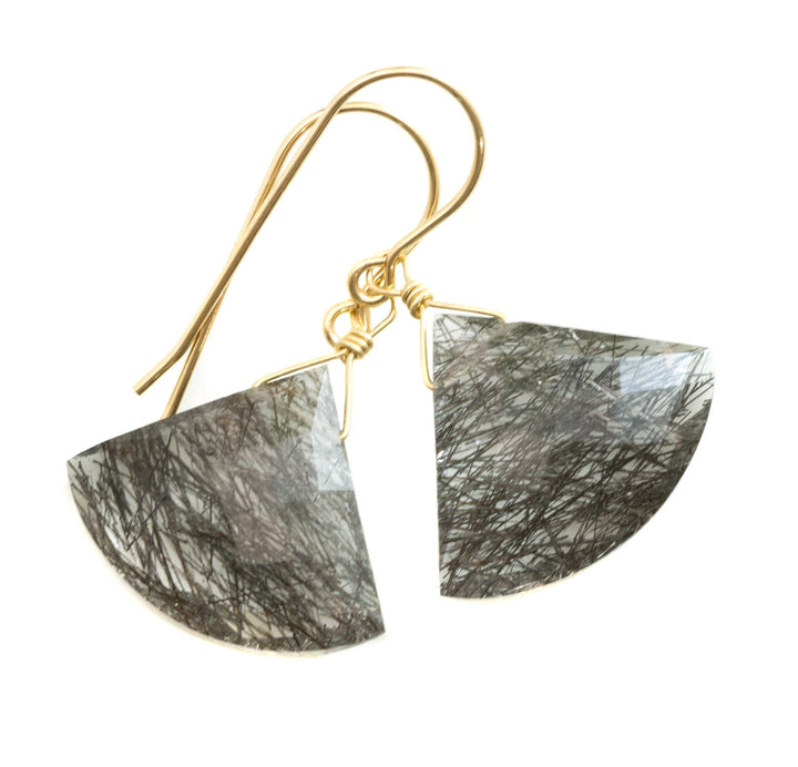 Black Rutile Quartz Earrings 14k Solid Yellow Gold or Filled or Sterling Silver Faceted Fan Tourmalated Rutilated Heart Teardrop Simple Drop