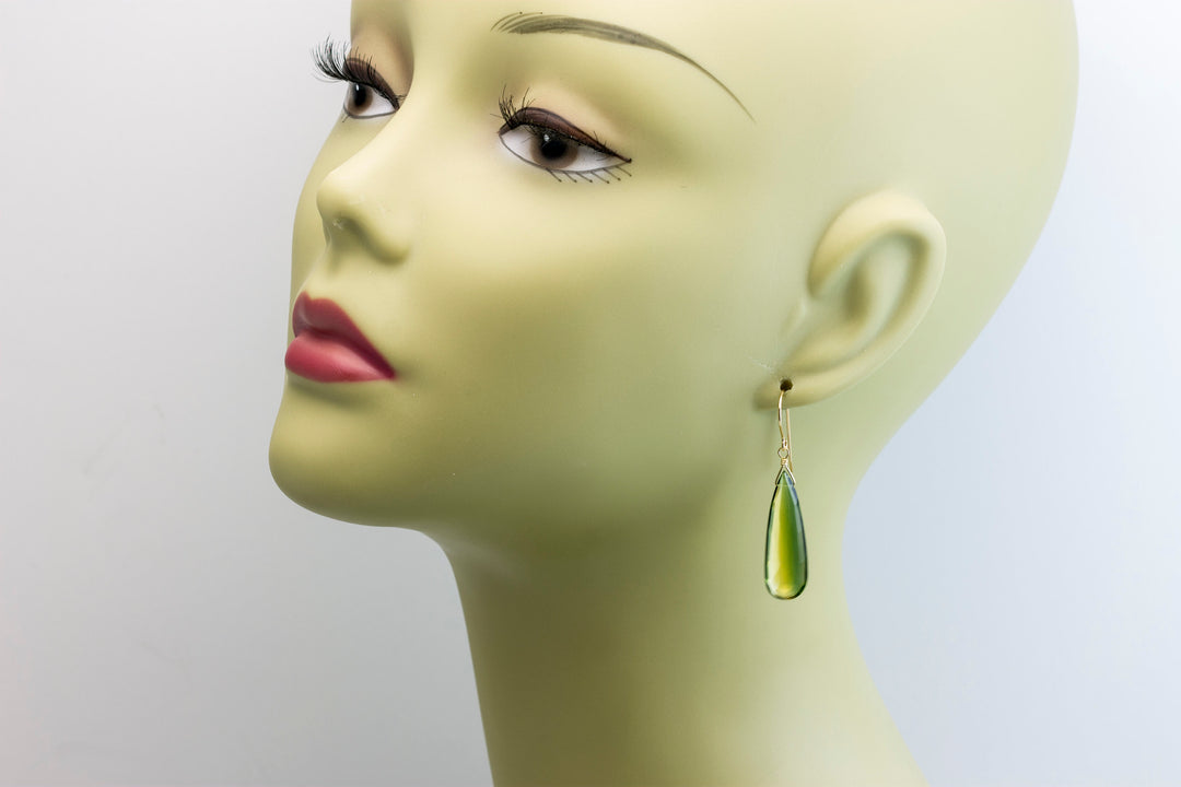 Bicolored Sim Tourmaline Earrings Faceted Teardrop Green Yellow Amber Long Sterling Silver or 14k Solid Gold or Filled Unique Simple Drop
