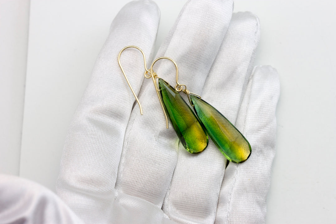 Bicolored Sim Tourmaline Earrings Faceted Teardrop Green Yellow Amber Long Sterling Silver or 14k Solid Gold or Filled Unique Simple Drop