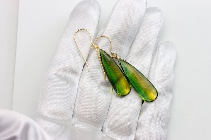 Bicolored Sim Tourmaline Earrings Faceted Teardrop Green Yellow Amber Long Sterling Silver or 14k Solid Gold or Filled Unique Simple Drop