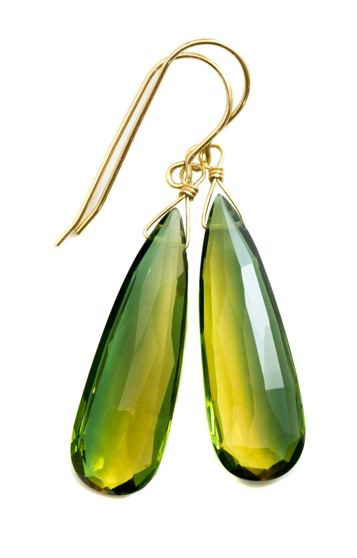 Bicolored Sim Tourmaline Earrings Faceted Teardrop Green Yellow Amber Long Sterling Silver or 14k Solid Gold or Filled Unique Simple Drop