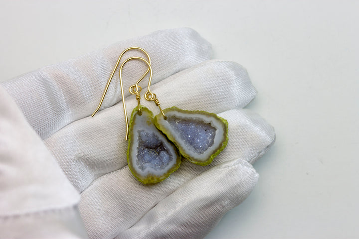 Baby Geode Earrings Tabasco White  Druzy Oval 14k Gold Filled Polished Drusy Paired AAA Natural Fine Small Drusy Geodes Earthy Drops