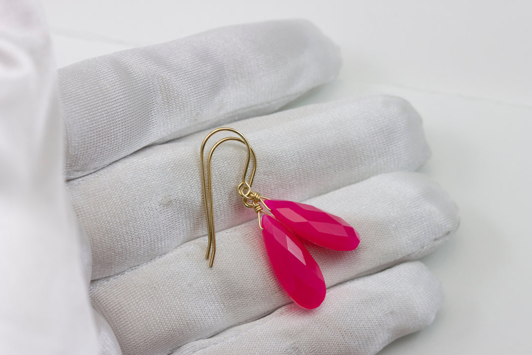 Hot Pink Chalcedony Earrings Long Teardrop Shaped faceted 14k solid gold or filled or Sterling Silver Briolettes Fuchsia Magenta Simple Drop