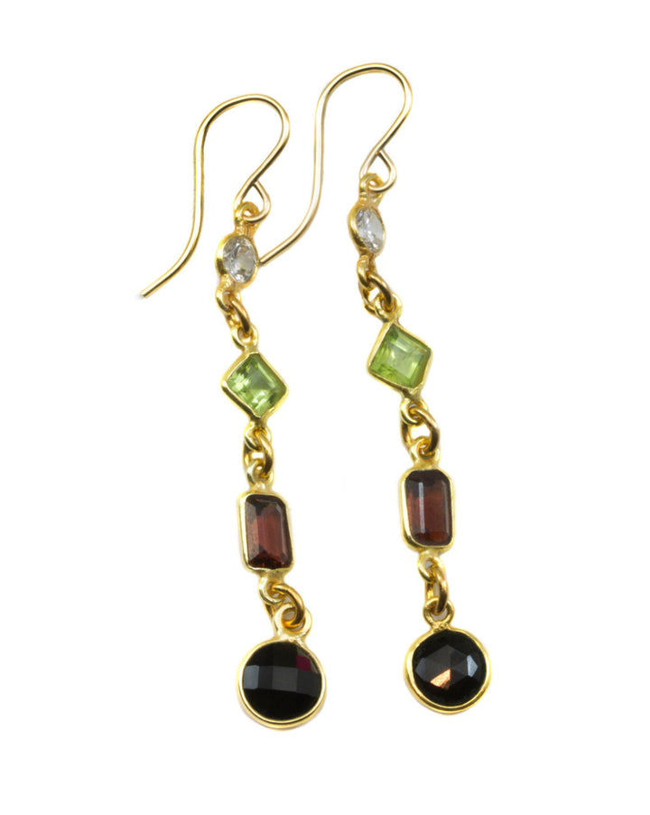 Garnet Peridot Spinel Earrings Bezel Set Faceted Drops Triple Hung 14k Solid Gold or Filled Multi Gem Dainty Simple Long 2 Inches Drop