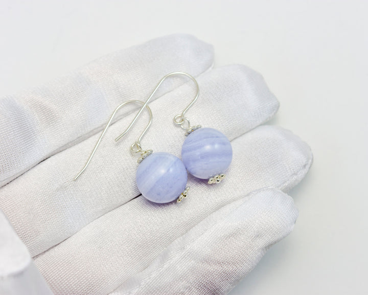 Blue Lace Agate Earrings AAA Natural Round Smooth Drop Beaded Accents Sterling Silver or 14k Solid Gold or Filled Pale Blue Ribbon Banding