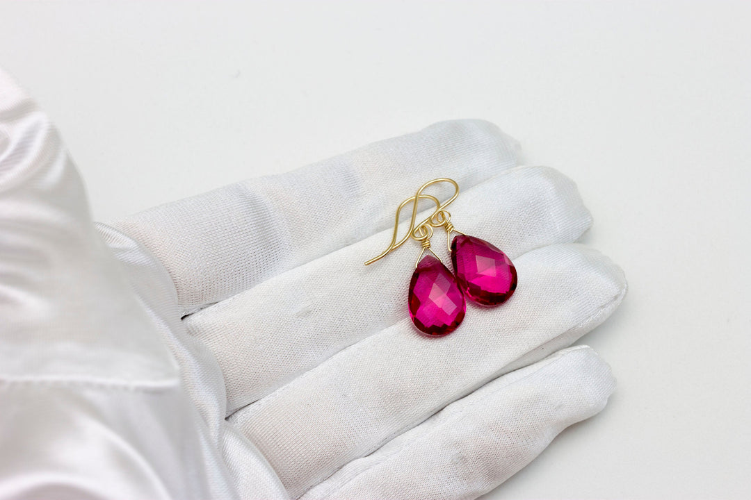 Hot Pink Earrings Faceted Simulated Sapphire Teardrop Drop Dangle Sterling Silver or 14k Solid Yellow Gold or Filled Bright Fuchsia Magenta