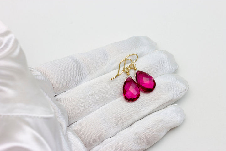 Hot Pink Earrings Faceted Simulated Sapphire Teardrop Drop Dangle Sterling Silver or 14k Solid Yellow Gold or Filled Bright Fuchsia Magenta