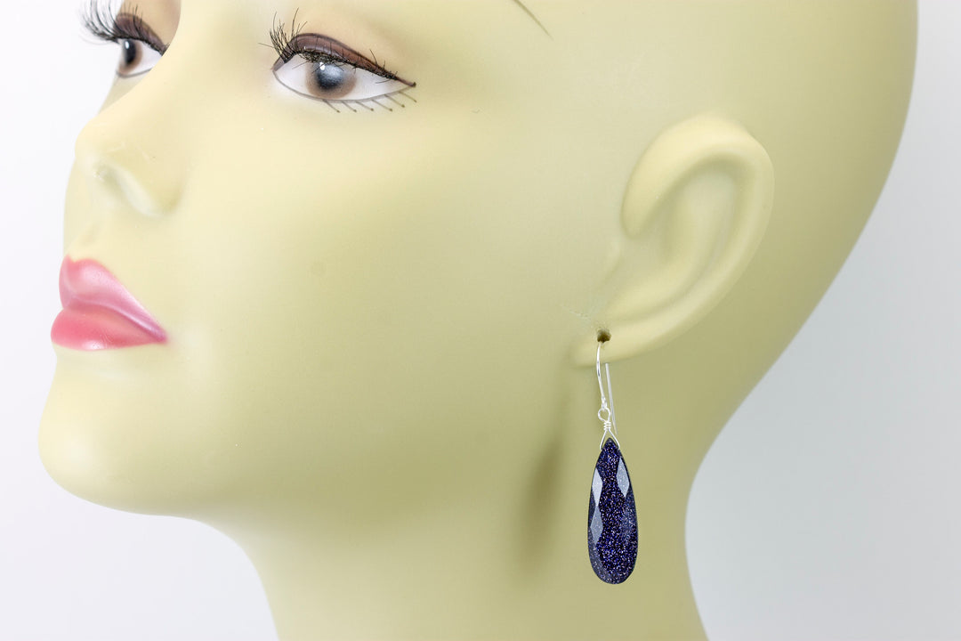 Goldstone Earrings Blue Sparkly long faceted Teardrops dangle drops Sterling Silver or 14k Solid Yellow Gold or filled Spyglass Designs