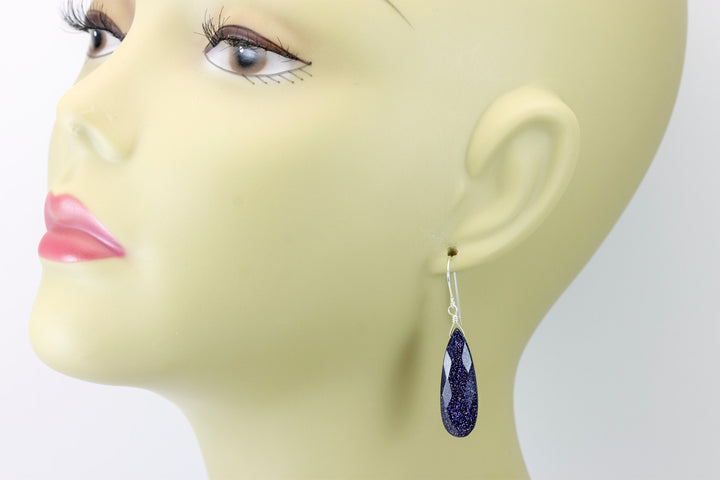 Goldstone Earrings Blue Sparkly long faceted Teardrops dangle drops Sterling Silver or 14k Solid Yellow Gold or filled Spyglass Designs