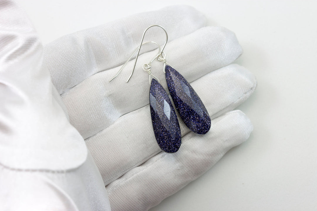 Goldstone Earrings Blue Sparkly long faceted Teardrops dangle drops Sterling Silver or 14k Solid Yellow Gold or filled Spyglass Designs