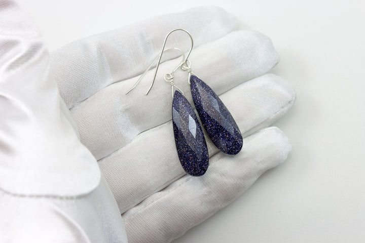 Goldstone Earrings Blue Sparkly long faceted Teardrops dangle drops Sterling Silver or 14k Solid Yellow Gold or filled Spyglass Designs