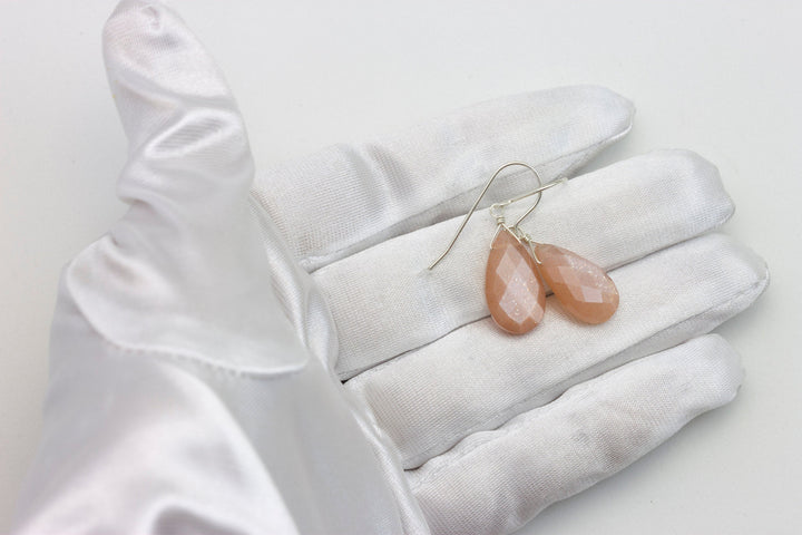 Peach Moonstone Earrings Sterling Silver or 14k solid Gold or Filled Faceted Pear Teardrops  Everyday Peachy Pink Shimmery Natural Drops