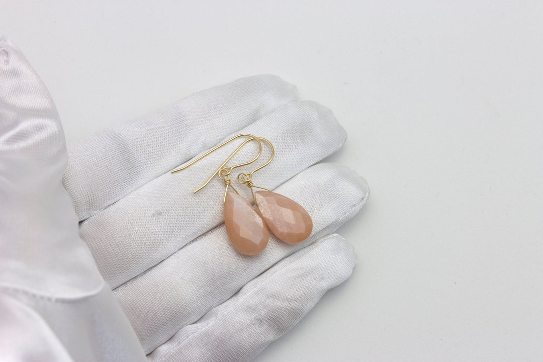 Peach Moonstone Earrings Sterling Silver or 14k solid Gold or Filled Faceted Pear Teardrops  Everyday Peachy Pink Shimmery Natural Drops