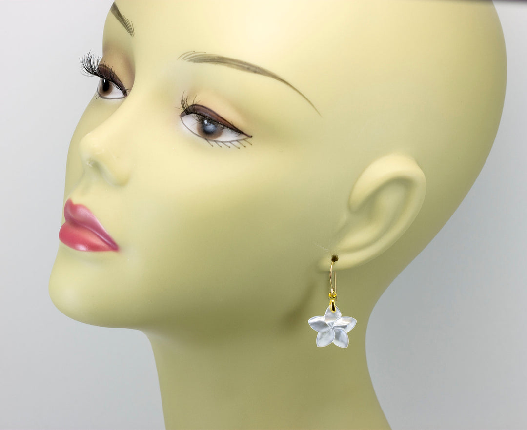 Mother of Pearl Earrings White MOP Carved Flower Dangles Natural 14k Solid Gold or Filled or Sterling Silver Lightweight Simple Drops
