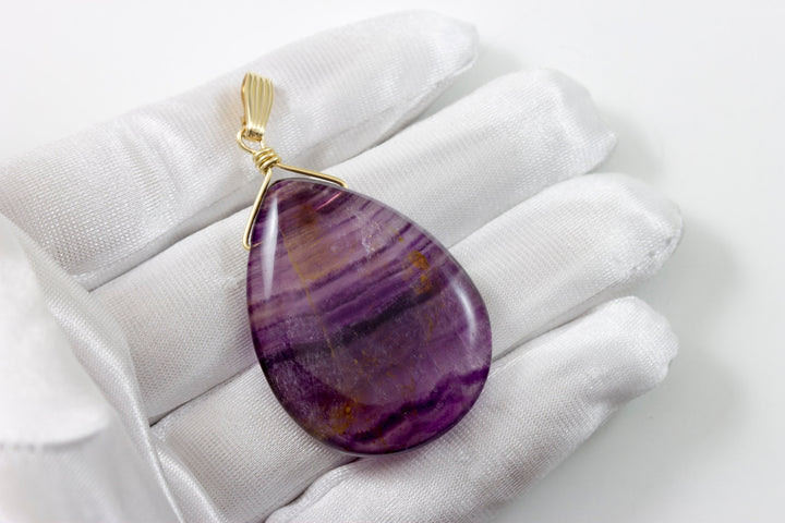 Fluorite Pendant Purple Striped Large Necklace Natural Genuine  Contemporary Design Teardrop Sterling Silver or 14k Gold Filled