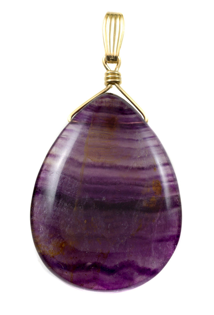 Fluorite Pendant Purple Striped Large Necklace Natural Genuine  Contemporary Design Teardrop Sterling Silver or 14k Gold Filled