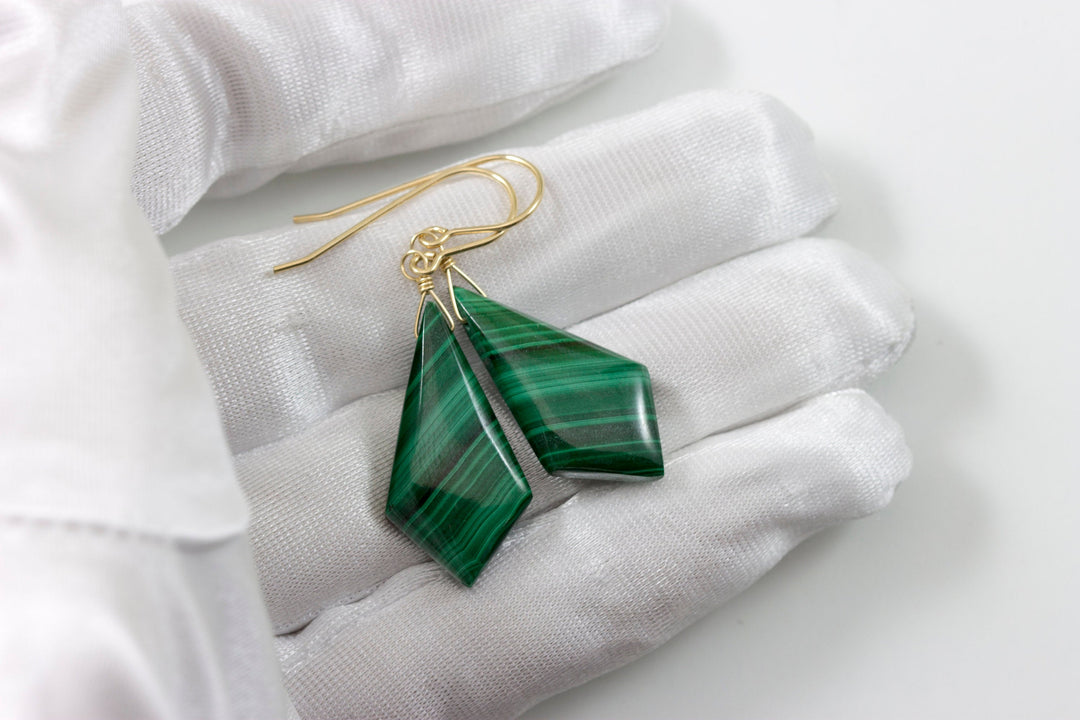 Green Malachite Earrings Green Long smooth Natural Dangle Drops Sterling Silver or 14k Solid Gold or Yellow or Rose Filled simple Triangle