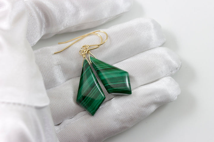 Green Malachite Earrings Green Long smooth Natural Dangle Drops Sterling Silver or 14k Solid Gold or Yellow or Rose Filled simple Triangle