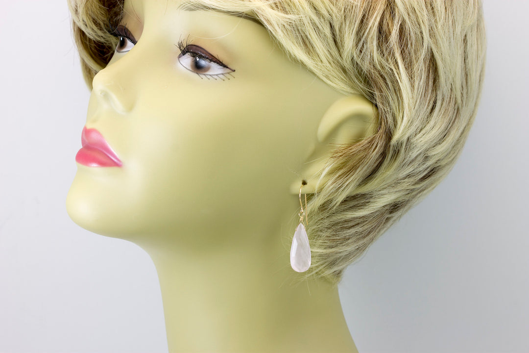 Rose Quartz Earrings Long Soft Pink Faceted Pear Long Teardrop Dangle Sterling Silver or 14k Solid Yellow Gold or Filled Natural Classic