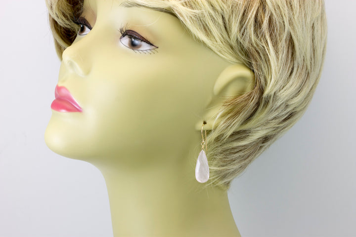 Rose Quartz Earrings Long Soft Pink Faceted Pear Long Teardrop Dangle Sterling Silver or 14k Solid Yellow Gold or Filled Natural Classic