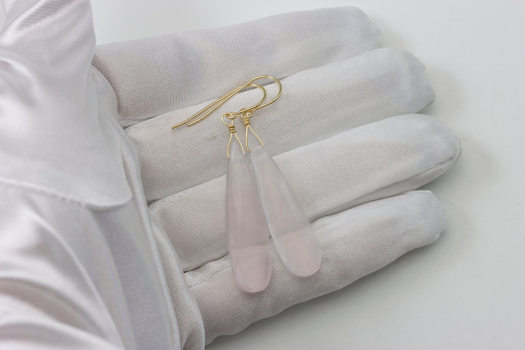 Rose Quartz Earrings X Long Soft Pink Faceted Pear Long Teardrop Dangle Sterling Silver or 14k Solid Yellow Gold or Filled Natural 2 Inches