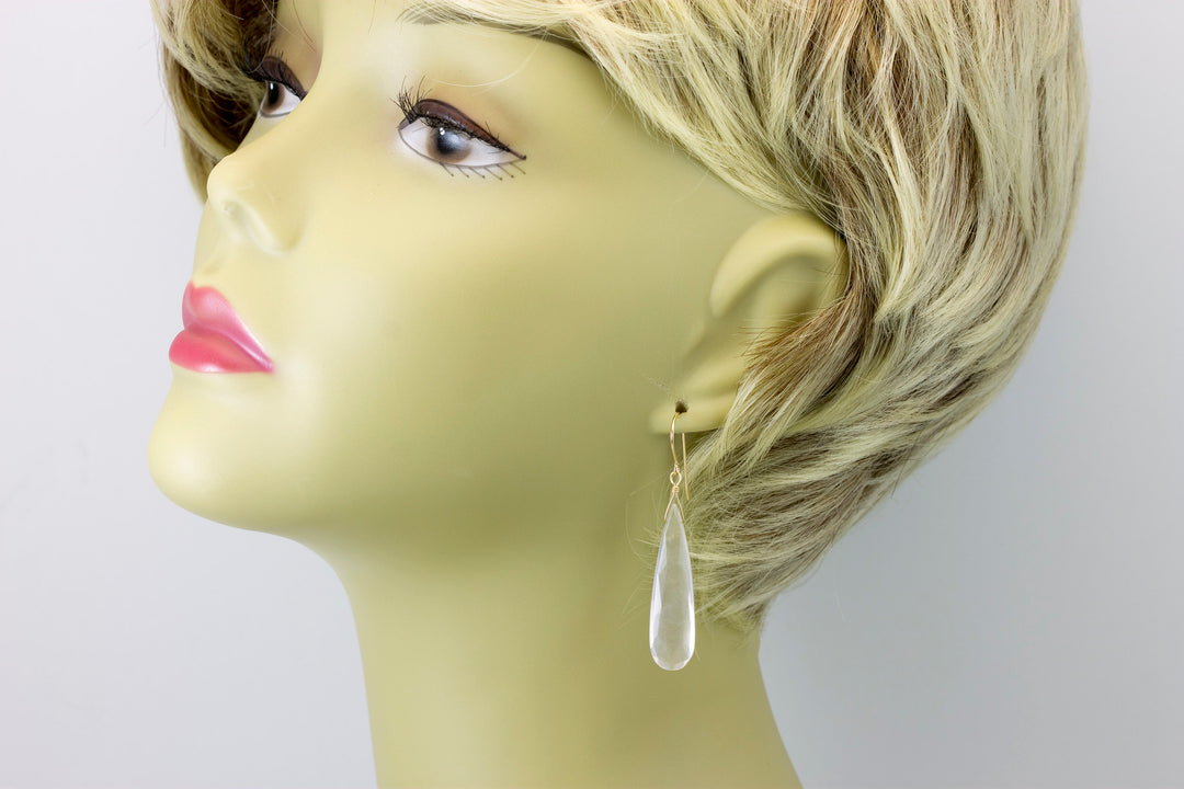 Rose Quartz Earrings X Long Soft Pink Faceted Pear Long Teardrop Dangle Sterling Silver or 14k Solid Yellow Gold or Filled Natural 2 Inches