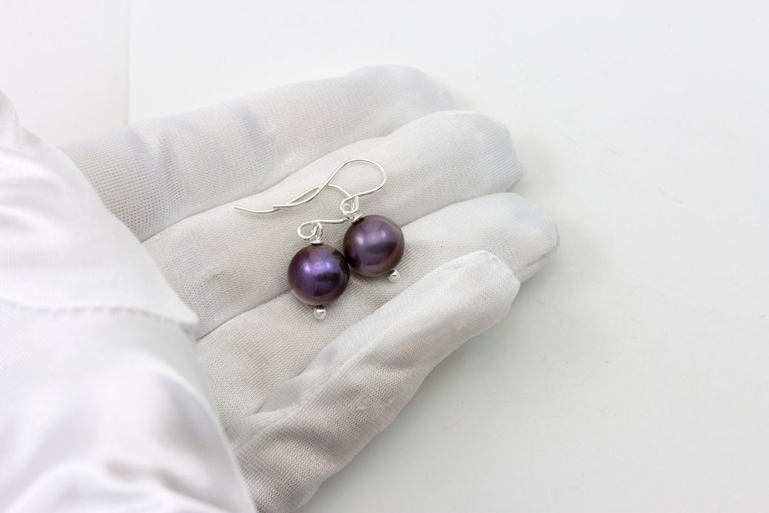 Black Peacock Pearl Earrings Round 12mm Pearls Sterling Silver or 14k Solid Gold or Filled Freshwater Cultured Classic Simple Large Everyday