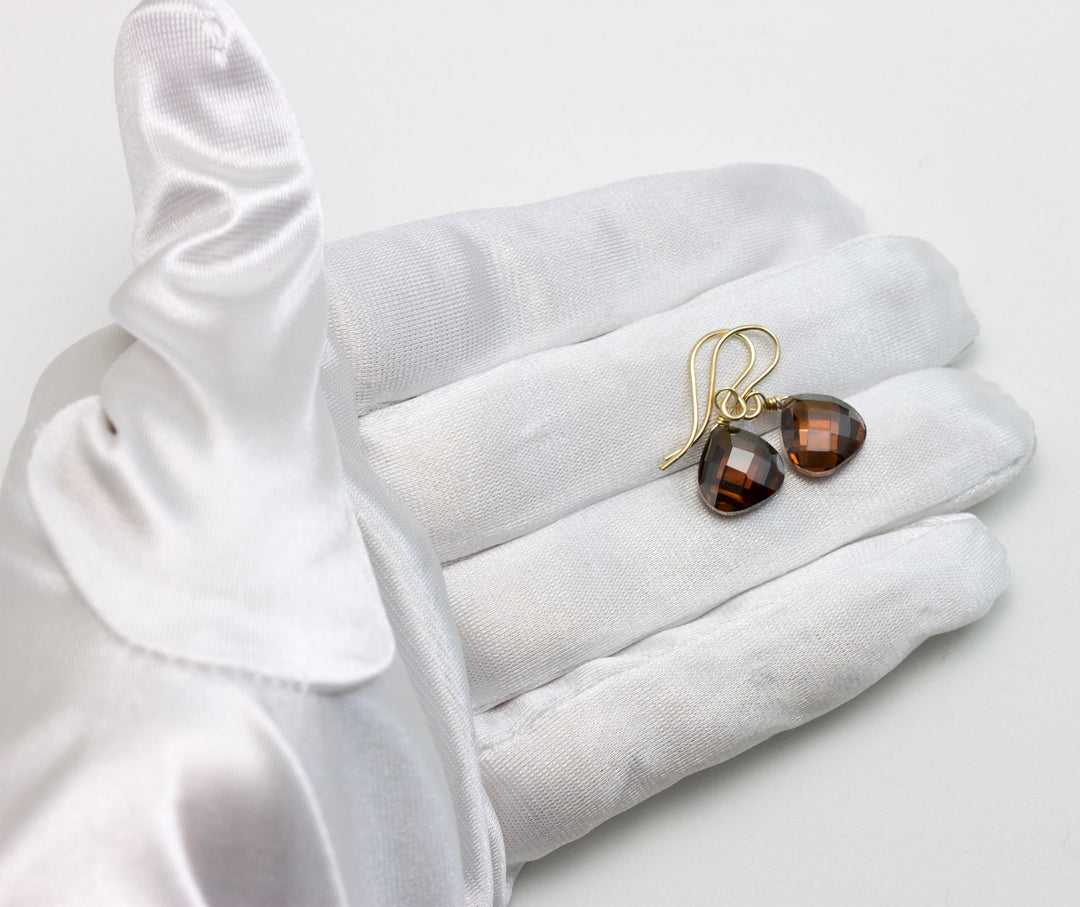 Dark Chocolate Cubic Zirconia Earrings Heart Briolettes AAA CZ  14k Solid Yellow Gold or Filled or Sterling Silver Simulated Diamond Simple