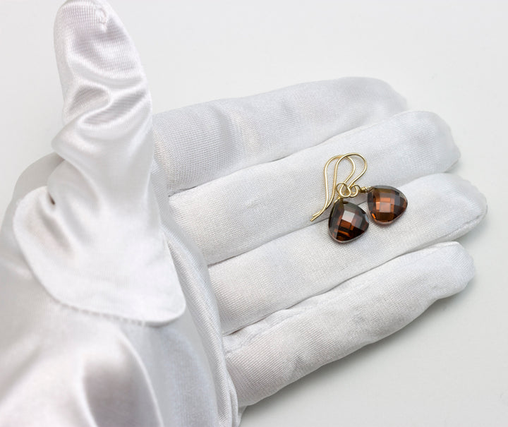 Dark Chocolate Cubic Zirconia Earrings Heart Briolettes AAA CZ  14k Solid Yellow Gold or Filled or Sterling Silver Simulated Diamond Simple