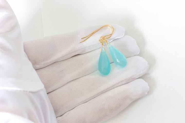 Aqua Blue Chalcedony Earrings 14k Solid Gold or Filled or Sterling Silver Long Teardrop Micro Facet Natural Briolettes Rounded Simple Drops