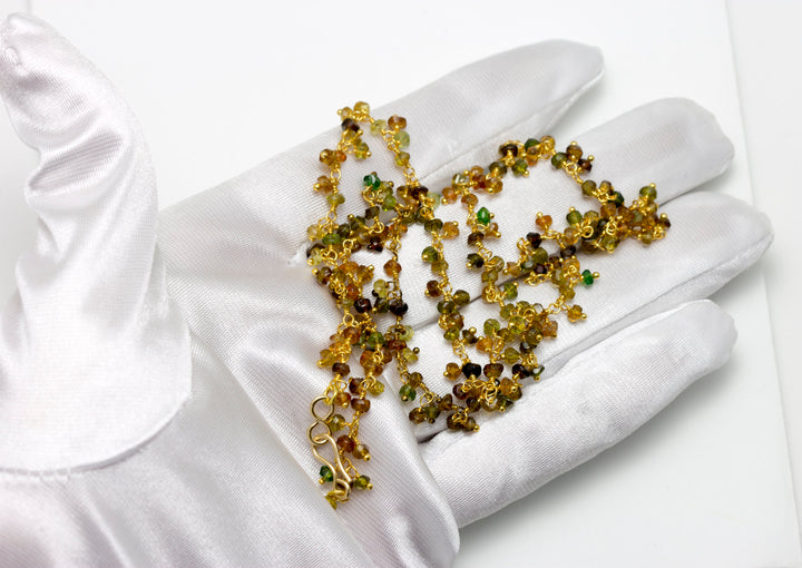 Tourmaline Necklace Brown Amber Green Faceted Cluster Chain Link  Beaded 14k gold fill  18 19 Inches Beaded Rondelle Clusters
