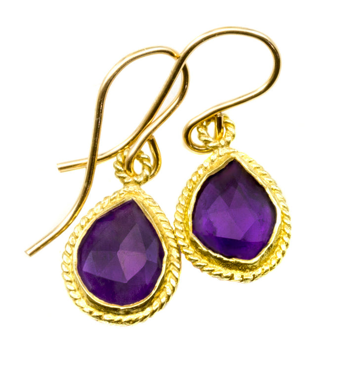 Purple Amethyst Earrings Bezel Set Small Dainty 14k Solid Gold or Filled Long Teardrop Shape Deep Rich Classic Simple Contemporary