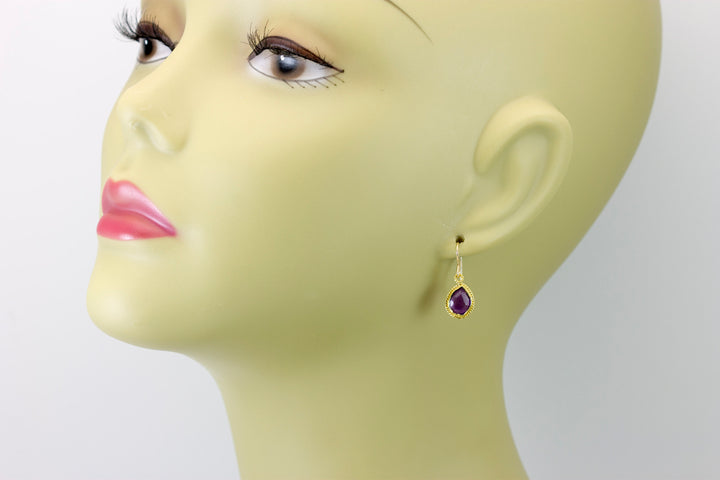 Purple Amethyst Earrings Bezel Set Small Dainty 14k Solid Gold or Filled Long Teardrop Shape Deep Rich Classic Simple Contemporary