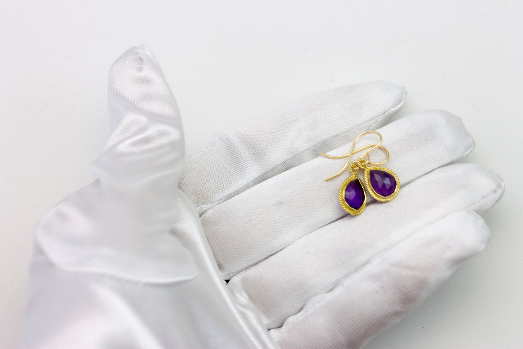 Purple Amethyst Earrings Bezel Set Small Dainty 14k Solid Gold or Filled Long Teardrop Shape Deep Rich Classic Simple Contemporary