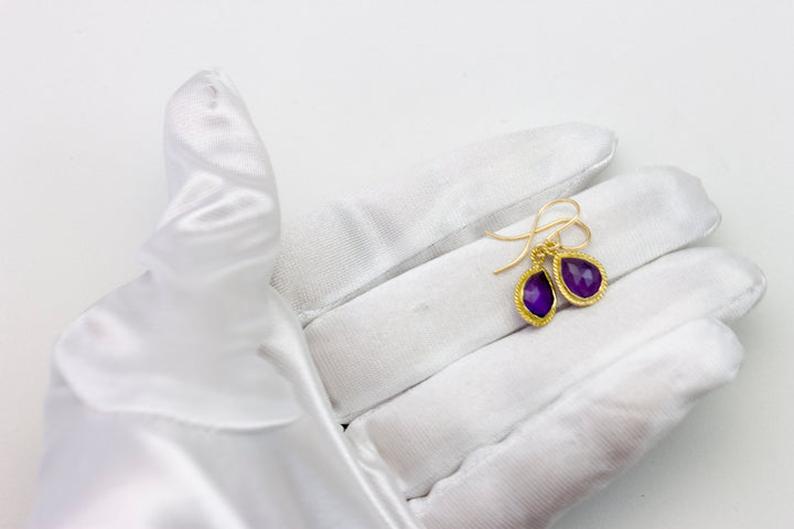 Purple Amethyst Earrings Bezel Set Small Dainty 14k Solid Gold or Filled Long Teardrop Shape Deep Rich Classic Simple Contemporary