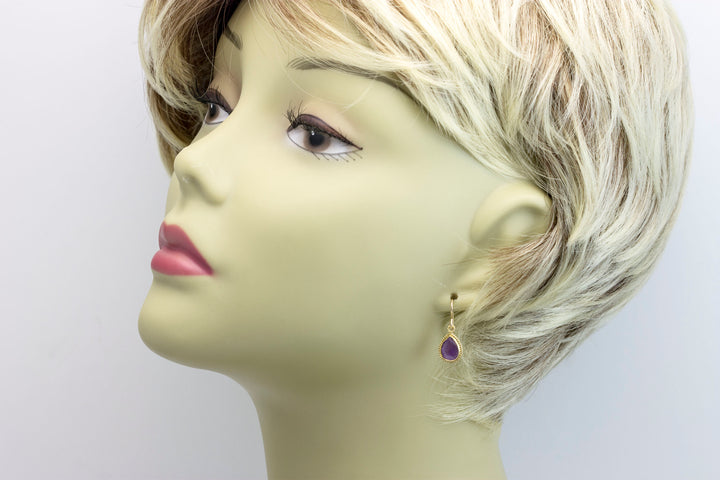 Purple Amethyst Earrings Bezel Set Small Dainty 14k Solid Gold or Filled Long Teardrop Shape Deep Rich Classic Simple Contemporary