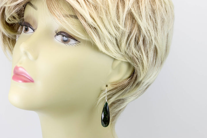 Goldstone Earrings Green Sparkly long faceted Teardrops dangle drops Sterling Silver or 14k Solid Yellow Gold or filled Spyglass Designs